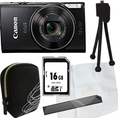 A product shot of a Canon Ixus camera and its accessories.