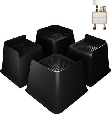 Four black furniture risers are shown against a white background with a small inset image of a nightstand on risers.