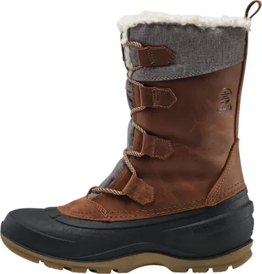 A side view of a brown winter boot with gray fabric accents and white faux fur trim.