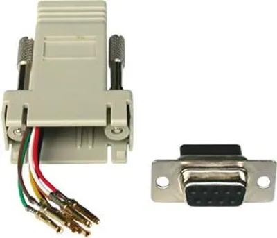 Imagen del producto de Adaptador AK-610516-000-I, con conectores DB9, RJ45, conector DB9 hembra y conector RJ45 hembra