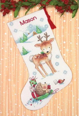 Produktbild von Dimensions Kreuzstich Stickpackung "Weihnachtsstrumpf Rentier und Igel", Zählmuster, 40,6x30cm