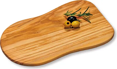 A wooden cutting board with olives and rosemary on it, set against a white background.