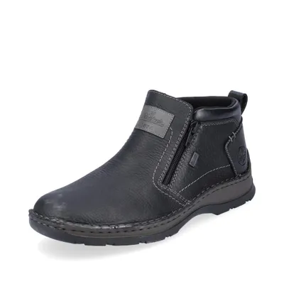 A black leather boot with a zipper on a white background.