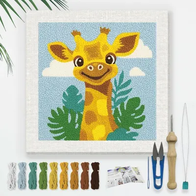 Produktbild von DIY Punch Needle Stickset Giraffenkopf 24cm für Anfänger mit Rahmen Garn Einfädler