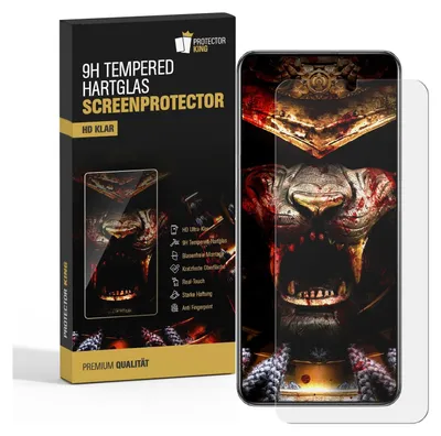 A product package for a screen protector, with a smartphone displaying a graphic image next to it.