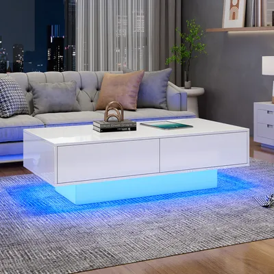 Obrázek produktu pro okwish Moderní vysoký lesklý Konferenční stůl, 115 x 55 x 34 cm, se 2 zásuvkami, LED osvětlením a 30 kg nosností – Elegantní obývací stůl, Bílý