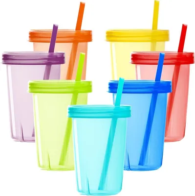 Zdjęcie produktu dla Kubek dla dzieci 330 ml 7-pak ze słomką i pokrywką w 7 kolorach