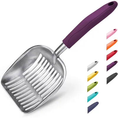Productafbeelding van WePet kattenbakschep, aluminiumlegering, metaal, met lange handgreep, diepe schep voor kattenbak, 35 x 14 cm, paarse handgreep