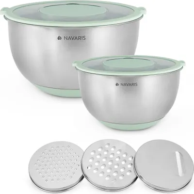Produktbild von Navaris Edelstahl Schüssel Schale mit Deckel - 2x Rührschüssel Salatschüssel - inkl. 3x Reibe - Set Edelstahlschüssel Schüsselset in Mintgrün