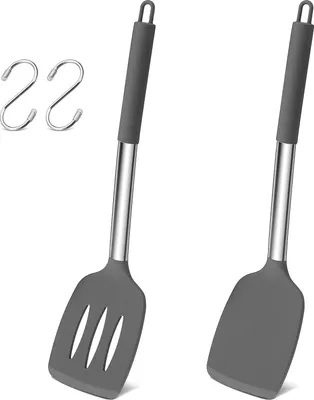 Produktbild von Herogo Pfannenwender, Küchenhelfer Set aus lebensmittelechtem Silikon, Grau Küchenutensilien Kochgeschirr Kochutensilien für Küchen, Backen, Kochen，Hitzebeständig & Spülmaschinenfest, 2 Stück