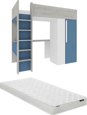 Produktbild von Etagenbett 90 x 200 cm mit Kleiderschrank und Schreibtisch - Blau und Weiß + Matratze - NICOLAS