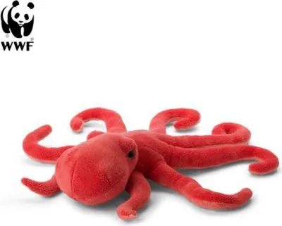 A red plush octopus toy is shown against a white background, with the WWF logo and text in the upper left corner.