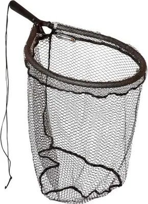 A black fishing net with a handle and a string attached, isolated on a white background.