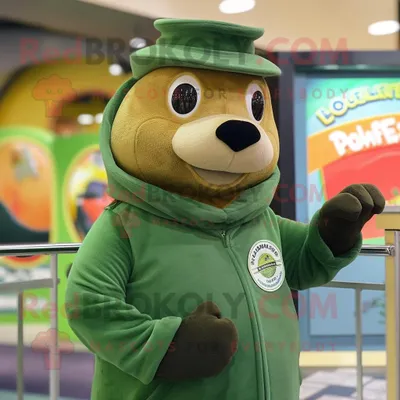 Productafbeelding van Groene zeeleeuw mascotte REDBROKOLY kostuum karakter gekleed met een coltrui en hoedspelden