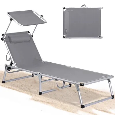 Produktbild von Sonnenliege klappbar – Leichte Gartenliege aus Aluminium mit 5-fach verstellbarer Rückenlehne Sonnendach und Nackenkissen grau