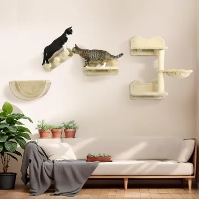 Produktbild von Beige 40x28x73cm Katzen Kletterwand 4tlg Katzenkratzbaum Mit Treppe Haengematte Sprungplatte Wandkratzbaum Fuer Katzen Bis 5kg