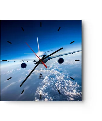 Produktbild von Wanduhr - Quadrat - Glasuhr - Flugzeug himmel wolken flug - 30x30cm - Schleichendes Uhrwerk - Lautlos - zum Aufhängen bereit - Dekoration Modern - Wanddekoration aus Glas - C3AC30x30-2723