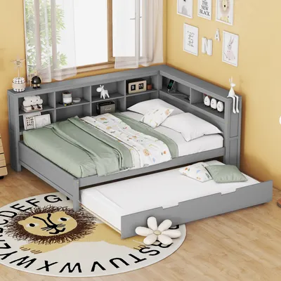 Produktbild von okwish Schlafsofa Daybett 140x200cm mit Ausziehbarem Unterbett 90x190cm und Lattenrost, Tagesbett Kinderbett Jugendbett aus Holz mit USB-Steckdose und mehreren Ablagefächern(Ohne Matratze)- Grau