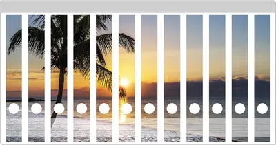 Produktbild von Wallario Ordnerrücken Sticker, selbstklebend für schmale Ordner, 12 Stück, Motiv Palme am Strand - Sonnenuntergang über dem Meer