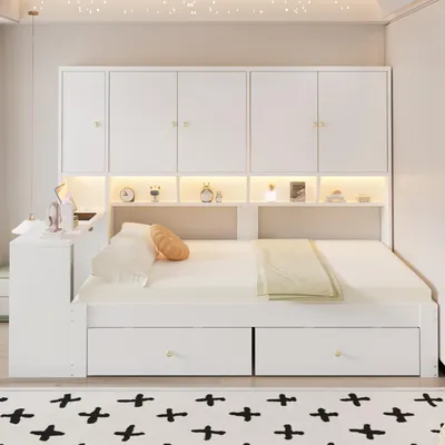 Image de ELANDEPOT Cadre de lit 90 × 200 cm blanc Éclairage LED station de charge intégrée bureau tiroirs rangement sommier à lattes