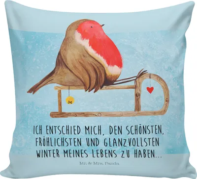 Produktbild von Mr. & Mrs. Panda Sofa Kissen Rotkehlchen Schlitten - Eisblau - Geschenk, Nikolaus, kuschelkissen 40x40, Sofakissen, Vogel, Weihnachten, Zierkissen, Deko