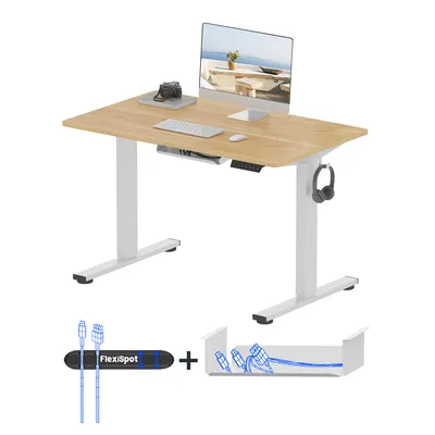Produktbild von FLEXISPOT Höhenverstellbarer Schreibtisch Basic 120x60cm mit Kabelmanagement und Haken - Ergonomisches Sitz-Stehpult mit einteiliger Tischplatte Maple