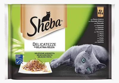 Productafbeelding van Sheba Delicacy Fijne Vlokken, een selectie van smaken - natvoer voor volwassen katten met zalm, witvis, kip en kalkoen in gelatine, 52 zakjes van 85g