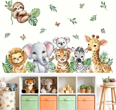 Image de Autocollant mural "Animaux de la jungle" - Stickers lion et girafe - Feuilles tropicales - Pour chambre d'enfant