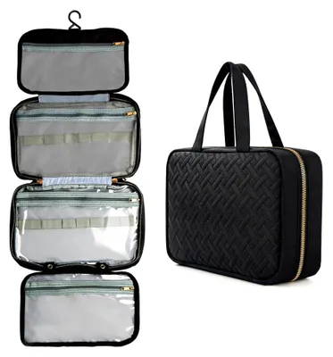 Produktbild von Kosmetiktasche für Reisen, große Damenwaschtasche, hängbar, 4 Fächer, großes Volumen für Kosmetika und Toilettenartikel, schwarz
