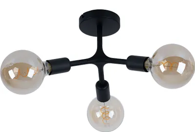 A black ceiling light fixture with three exposed Edison-style bulbs is shown against a white background.