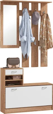 Image de HOMCOM Ensembles 3 en 1 de meuble d'entrée vestiaire avec panneau porte-manteau, miroir et banc à chaussures - 6 crochets et étagère réglable, bois noyer et blanc