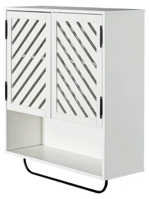 Produktbild von Hängender Badezimmerschrank mit Handtuchstange, Wandschrank mit verstellbarem Regal und 2 Türen, Aufbewahrungsschrank in Weiß für Bad, Küche und WC, 60x21x60 cm