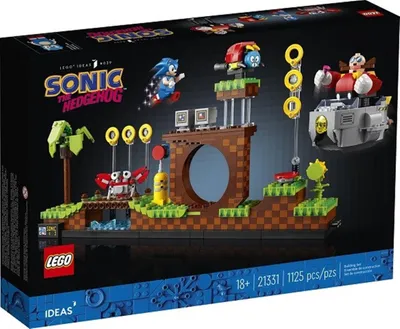 The image shows the packaging of a LEGO Ideas Sonic the Hedgehog Green Hill Zone set.