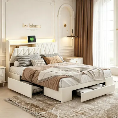 Image de Lit tapissé INONEFT 140x190 cm avec USB et sommier à lattes, 3 tiroirs, lit double avec rangement et éclairage LED, lit fonctionnel moderne, en velours, couleur beige