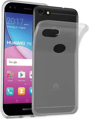 A Huawei Y6 Pro 2017 smartphone with a transparent protective case.