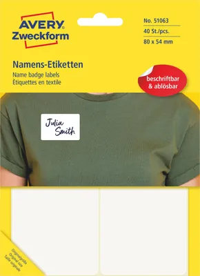Produktbild von Avery Zweckform 51063, Namens-Etiketten, 80 x 54 mm, 120 g/m², 40 Etiketten / 10 Bögen