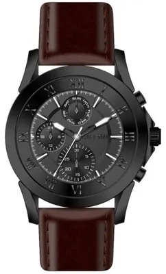 Produktbild von Herren Quarz Armbanduhr Schwarz, Lederarmband, 45 mm Gehäuse, 30 m wasserdicht