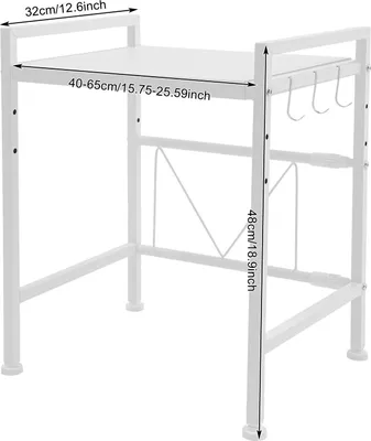 Immagine prodotto di Scaffale per microonde - Scaffale regolabile a 2 ripiani - Larghezza 40-65 cm - Con 3 ganci - Ripiano da cucina - Bianco