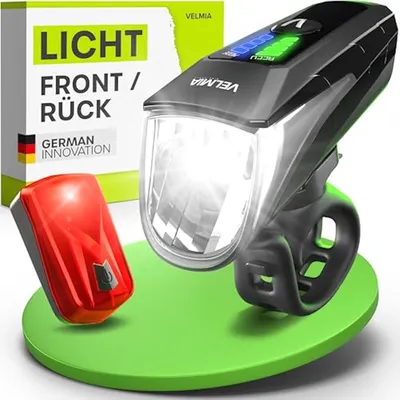 Produktbild von Velmia Fahrradlicht-Set, mit USB-Akkubetrieb und einer Leuchtdauer von 8,5 Stunden, LED-Fahrradlicht-Set, wasserdicht und wiederaufladbar