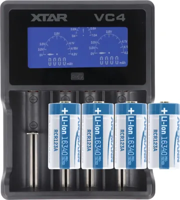 Produktbild von CR123 A Li-Ion Akku mit 3,6V-3,7 Volt, 850mAh 4 Stück und LCD-Schnell-Ladegerät