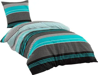 Productafbeelding van Famanu beddengoedset van renforce katoen met rits - turquoise, zwart, wit, 135x200 cm + 80x80 cm