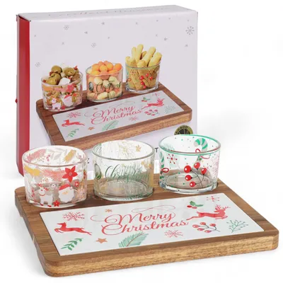 5-tlg. Servierset Weihnachten – Holzbrett & Glasschalen für Tapas
