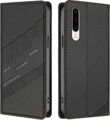 Image de Etui pour Huawei P30, étui portefeuille en cuirPolyuréthaneavec fente pour cartes et fonction stand Schwarz