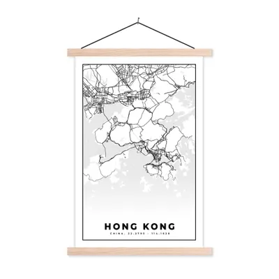 Produktbild von MuchoWow® Textilposter Karte - Hongkong - Schwarz-weiß - Stadtplan - Routenbeschreibung 120x180 cm mit holzfarbenen Rahmen - Textil-Plakat