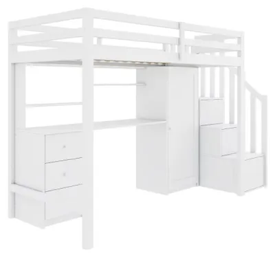 Image de Lit superposé avec bureau et armoire - Lit multifonctionnel pour enfants - Escalier - Tiroirs - Bois massif - 90 x 200 cm - Blanc