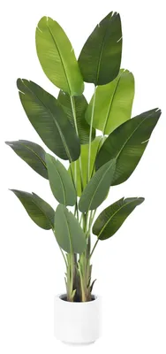 Produktbild von Künstliche Paradiesvogelblume, 180 cm hoch, große künstliche Pflanze mit 13 Bananenblättern, realistische künstliche Pflanze im weißen Topf zur Dekoration von Zimmern, Büros, Schlafzimmern, Badezimmern, Gärten und Balkonen.