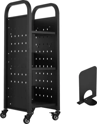 Zdjęcie produktu dla Wózek na książki SucceBuy o nośności 100 kg, jednostronny w kształcie litery L, 32 x 35 x 93,5 cm, wyposażony w podwójne kółka, idealny do salonu, biura i szkoły, czarny