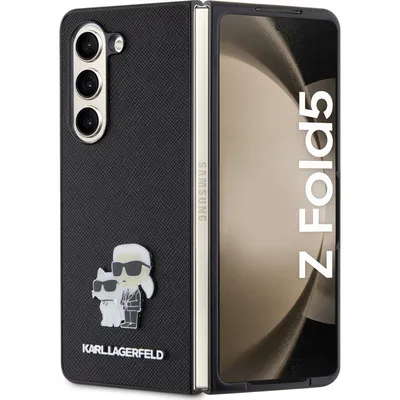 A black Karl Lagerfeld branded phone case for a Samsung Galaxy Z Fold 5 is shown.