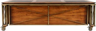 Produktbild von Casa Padrino Luxus Vintage Stil Schreibtisch Braun / Messing / Schwarz 234 x 98,5 x H. 75 cm - Massivholz Bürotisch mit Rollen - Vintage Stil Büro Möbel - Luxus Büro Möbel
