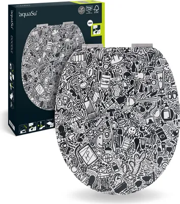 A toilet seat with a doodle pattern and its packaging.